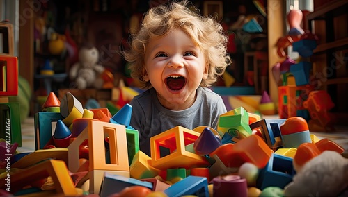 uśmiechnięte dziecko w śród zabawek i klocków do zabawy