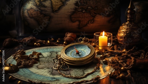 kompas leżący na stole pokazujący kierunki świata i obok palące się świece