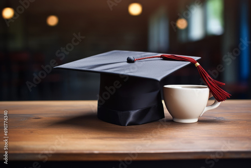 Close up photo of a cup of coffee next to a graduation cap