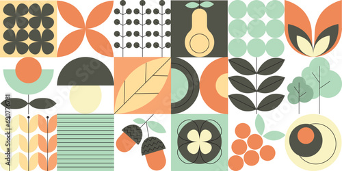 Minimalistic natural geometric pattern. Background with simple geometric shapes of natural flower plants. Abstract plants and flowers geometric pattern. Vector illustration