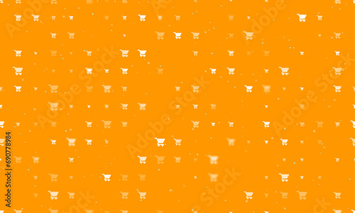 Seamless background pattern of evenly spaced white shopping cart symbols of different sizes and opacity. Vector illustration on orange background with stars