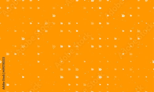 Seamless background pattern of evenly spaced white chart down symbols of different sizes and opacity. Vector illustration on orange background with stars