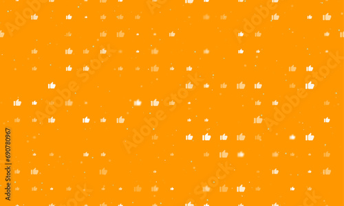 Seamless background pattern of evenly spaced white thumb up symbols of different sizes and opacity. Vector illustration on orange background with stars