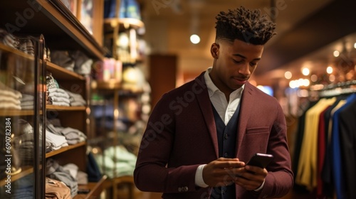 A stylish young man in a suit engrossed in his phone while browsing in a clothing store. Generative AI.