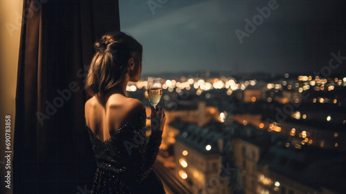 Successful and posh woman in an elegant black evening dress stands on a luxury balcony with a glass of champagne in her hands and looks at the evening lights of a European city.