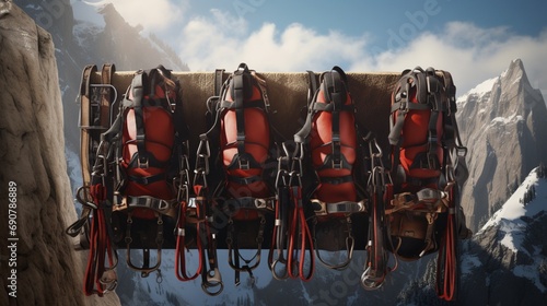 A collection of heavy-duty climbing harnesses and ropes set against a dramatic backdrop of sheer cliff faces and alpine peaks