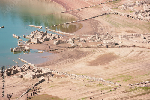 ruins of Minera de Luna flooded village, municipality of Barrios de Luna, province of Leon, Castile and Leon, Spain - visible during the 2022 drought