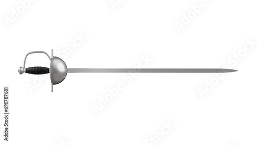 Foil sword with black handle isolated on transparent and white background. Sword concept. 3D render