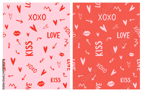 Abstract Doodle Seamless Vector Patterns with Hearts, Love, Kiss, Arrows and Lips on a Pink and Red Background. Girly Style Hand Drawn Endless Print. Girlhood Repeatable Design.Funny Romantic Pattern.