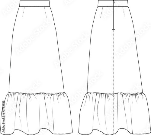 ruffle long maxi midi a line skirt template technical drawing flat sketch cad mockup design fashion woman