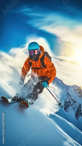Skier in Action on Mountain Slope