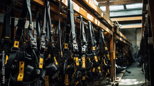 In a well-lit warehouse, a line of safety harnesses hangs gracefully, their sturdy straps suggesting reliability in the face of challenging environments