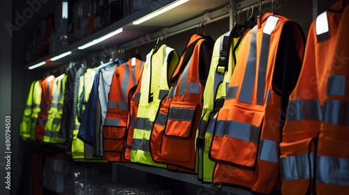 In a workshop setting, a collection of durable safety vests is on display, their reflective strips catching the light with precision