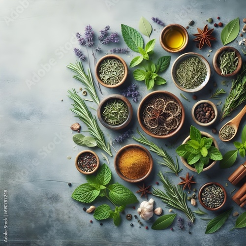 Assorted Herbs and Spices on a Blue-Grey Background with Copy space. Top-view of herbs presented on table.