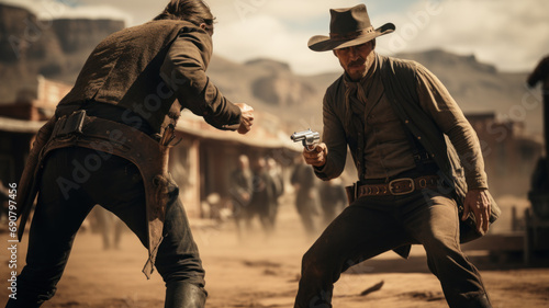 Cowboys showdown like in western movie, duel between men wearing hats and vintage outfit. Concept of bandit, wild west, outlaw, fight, vs, conflict, people, shootout