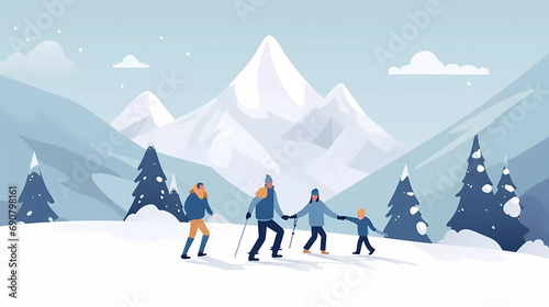 Happy Family enjoy skiing together in mountain resort.Winter family activity concept.Christmas Holidays Vacation. Vector Illustration.