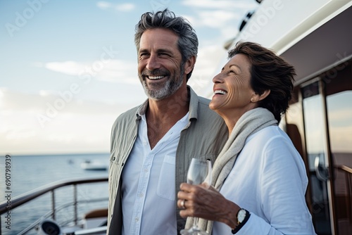 A happy senior couple enjoys a summer vacation, embracing love and togetherness on a yacht by the sea.