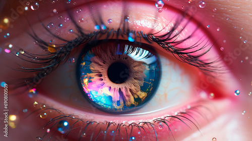 Multicolored human eye with colored drops on eyelashes, eye of the person, human eye close up, macro
