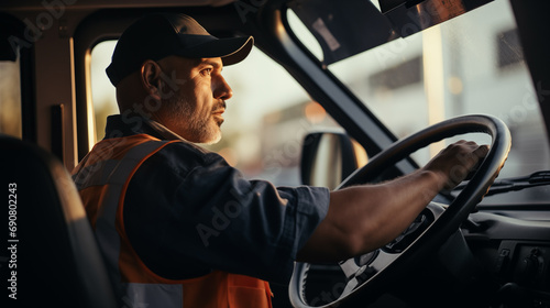 A truck driver checking his rearview mirror while driving, Truck driver, blurred background, with copy space