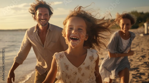 a family laughing exuberantly. A beautiful summer baltic beach in the background. sand is glowing golden. sunny summer day. diffuse sunlight. generative AI