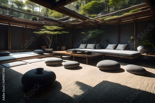 An uncluttered meditation space featuring a peaceful rock garden, tatami mats, and minimalistic seating