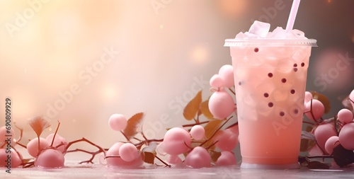 Bubble tea milkshake with fruits, dessert with tapioca balls, cold Chinese summer cocktail.