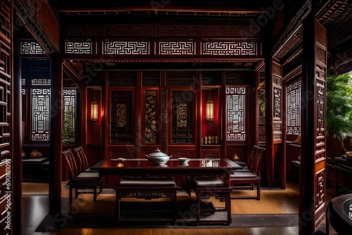 A sophisticated Chinese tea house with intricate woodwork, porcelain teapots, and silk cushions