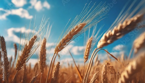 Wheat ears on field under blue sky