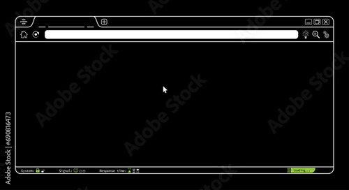 Abstract white internet browser webpage vector on black background with system, signal, response time, loading icons. Editable lines web browser homepage mockup background illustration. 