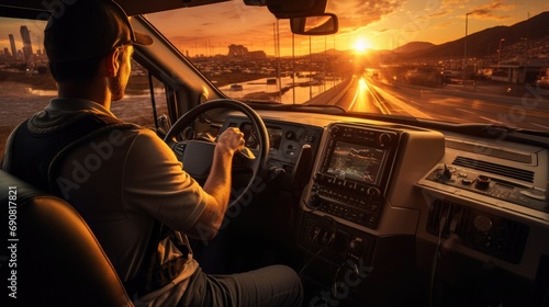portrait of truck driver man in cabin driving