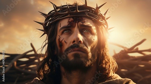 Jesus in Crown of Thorns with Cross at Sunset. Generative ai