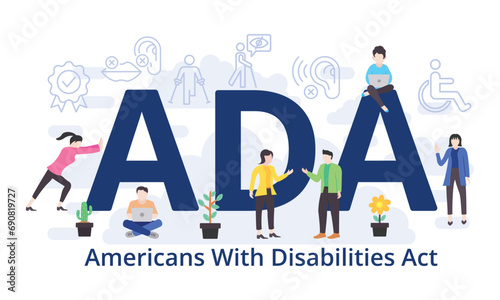 ADA - Americans With Disabilities Act concept with big word text acronym and team people in modern flat style vector illustration