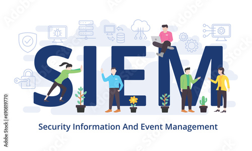 SIEM - Security Information And Event Management concept with big word text acronym and team people in modern flat style vector illustration