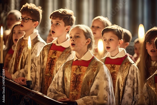 Church choir of boys and girls singing in church premises at christmas.