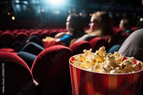 couple in the cinema watching a movie and eating popcorn