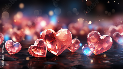 shiny glass hearts of red and pink colors with bluish glitters