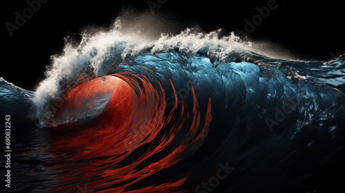 Red and blue ocean waves on dark background