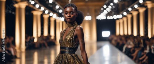 Moment of a glamorous fashion show, where a model in a dazzling gold sequin dress confidently walks down the brightly lit runway, while the audience watches her with blurred faces.
