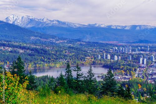 Aerial view of Burrard Inlet at Port Moody, BC, with spectacular mountain backdrop.