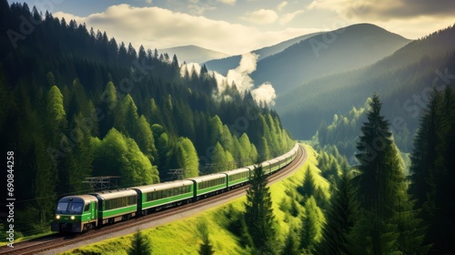 A locomotive pulls a passenger train along a winding road among the autumn forest and mountains. Suburban passenger train.