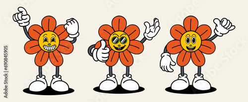 Sunflower set mascot of 70s groovy. Collection of cartoon,retro, groovy characters. Vector illustration.