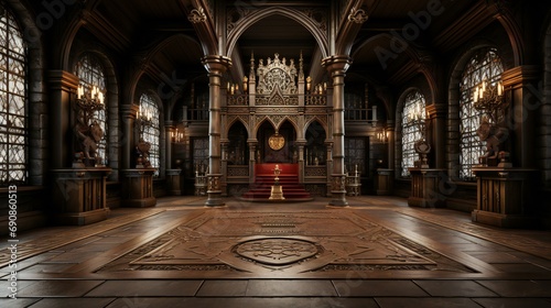 An interior view of an old European church, featuring intricate decorations, arches, and religious symbols. capturesing the historical and artistic essence of religious architecture