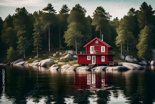 View on red holiday cabin by a lake. Wooden cottage, sauna on shore. Tiny house near the water