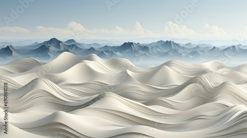 A wild landscape of white mountains and crashing waves, with the vast expanse of desert sand and rolling dunes below, set against a sky filled with fluffy clouds