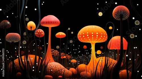 A cluster of agaric mushrooms bask in the golden light of a serene field, evoking a sense of magical whimsy and natural beauty