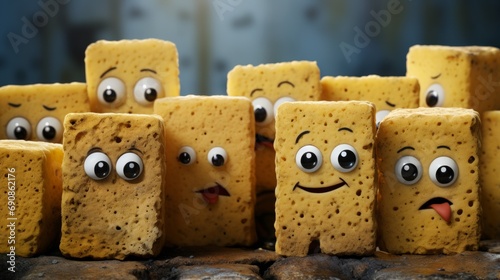 An animated batch of golden cookies with playful googly eyes, tempting as a snack and bursting with character and charm