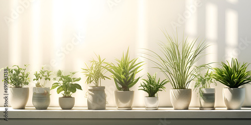 There are many different types of plants in pots on a shelf beautiful flowerpot indoor plant decorative soo beautiful with wight background 