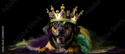 Owner crowning Mardi Gras dog.