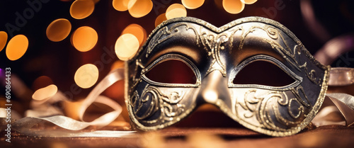Realistic image of a silver masquerade mask with intricate designs and a black ribbon, set against a background of warm bokeh lights.