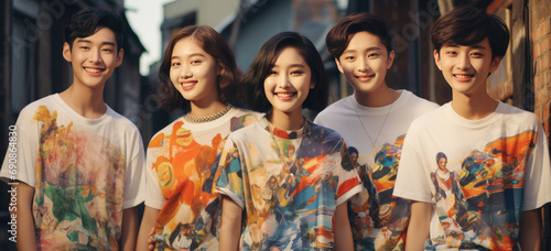 young smiling asian ladies and boys standing next to each other in their fashion t-shirts